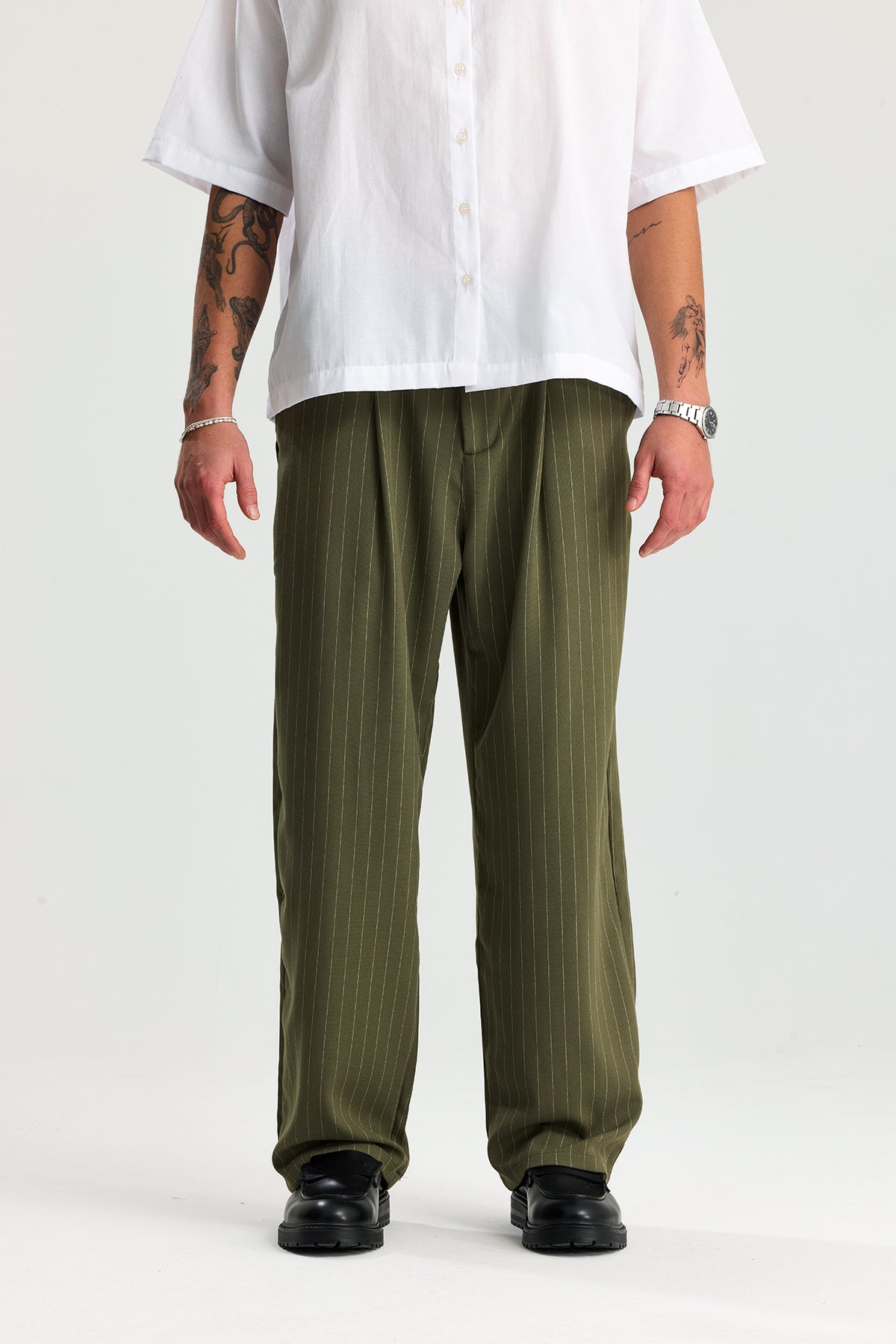 Beyaz Çizgili Baggy Fit Kumaş Pantolon