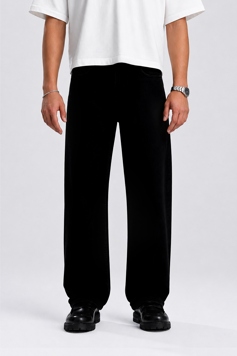 Relaxed Fit Düz Siyah Kot Pantolon