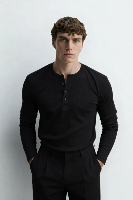 Henley Yaka Düğmeli Dar Kesim Uzun Kollu Tişört