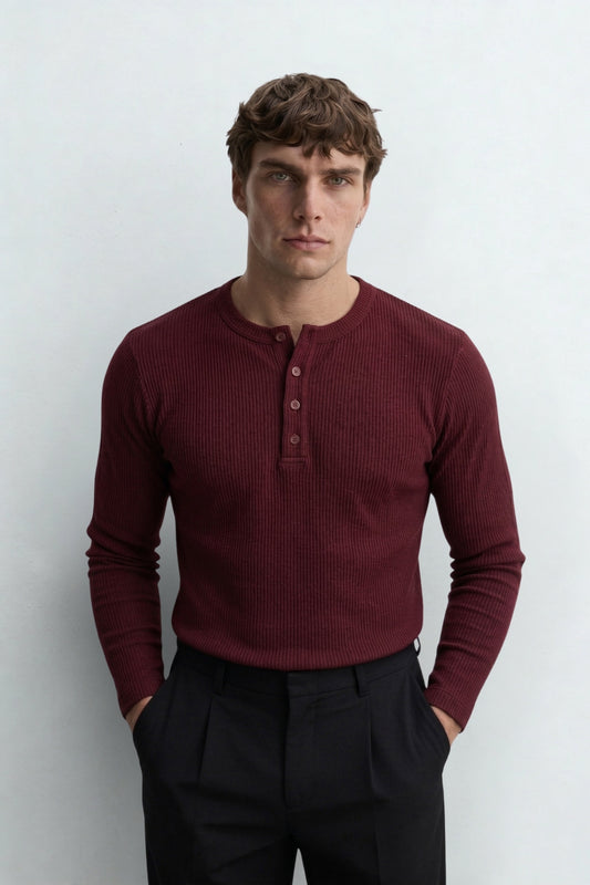 Henley Yaka Düğmeli Dar Kesim Uzun Kollu Tişört