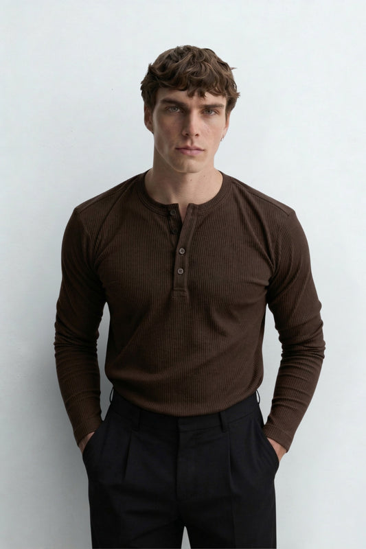 Henley Yaka Düğmeli Dar Kesim Uzun Kollu Tişört