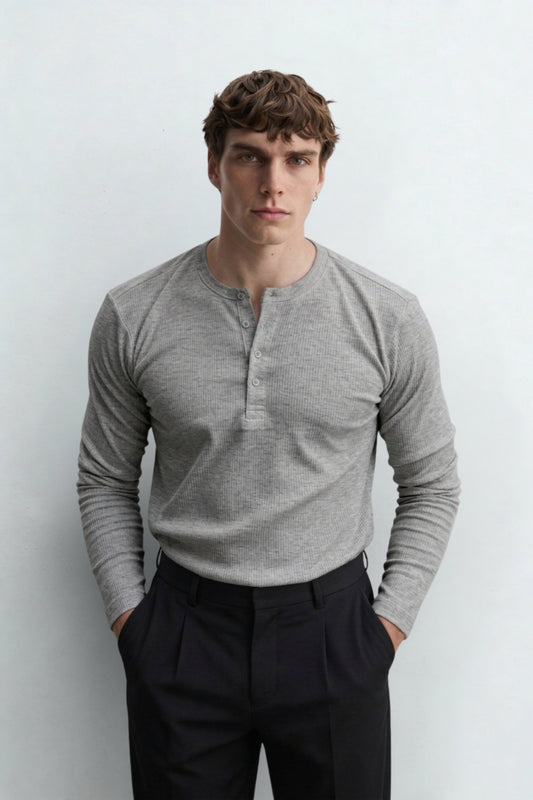 Henley Yaka Düğmeli Dar Kesim Uzun Kollu Tişört