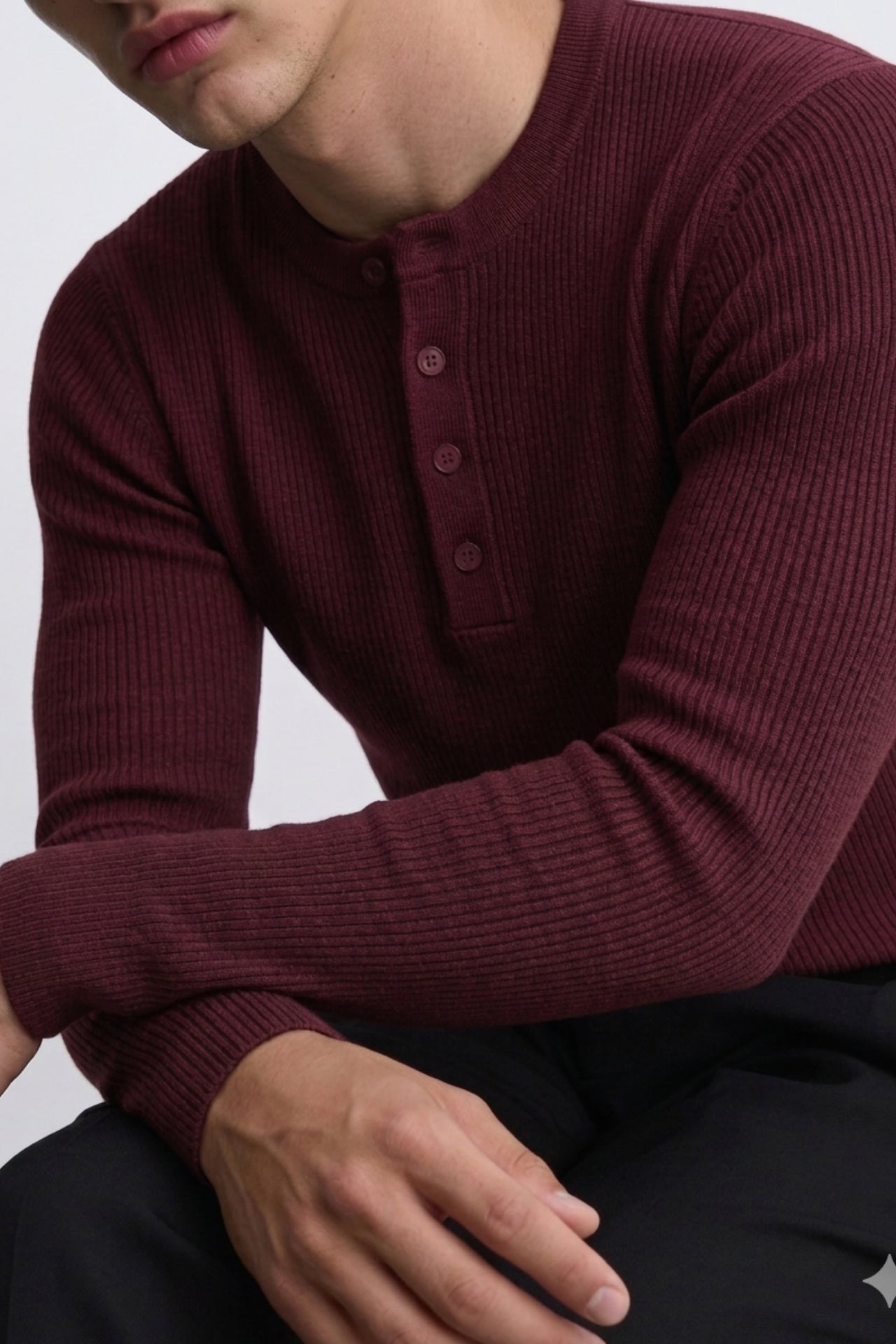 Henley Yaka Düğmeli Dar Kesim Uzun Kollu Tişört