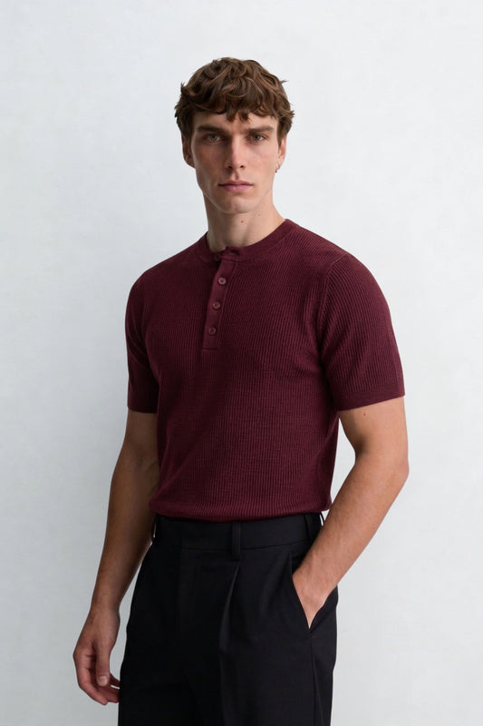 Henley Yaka Düğmeli Dar Kesim Kısa Kollu Tişört