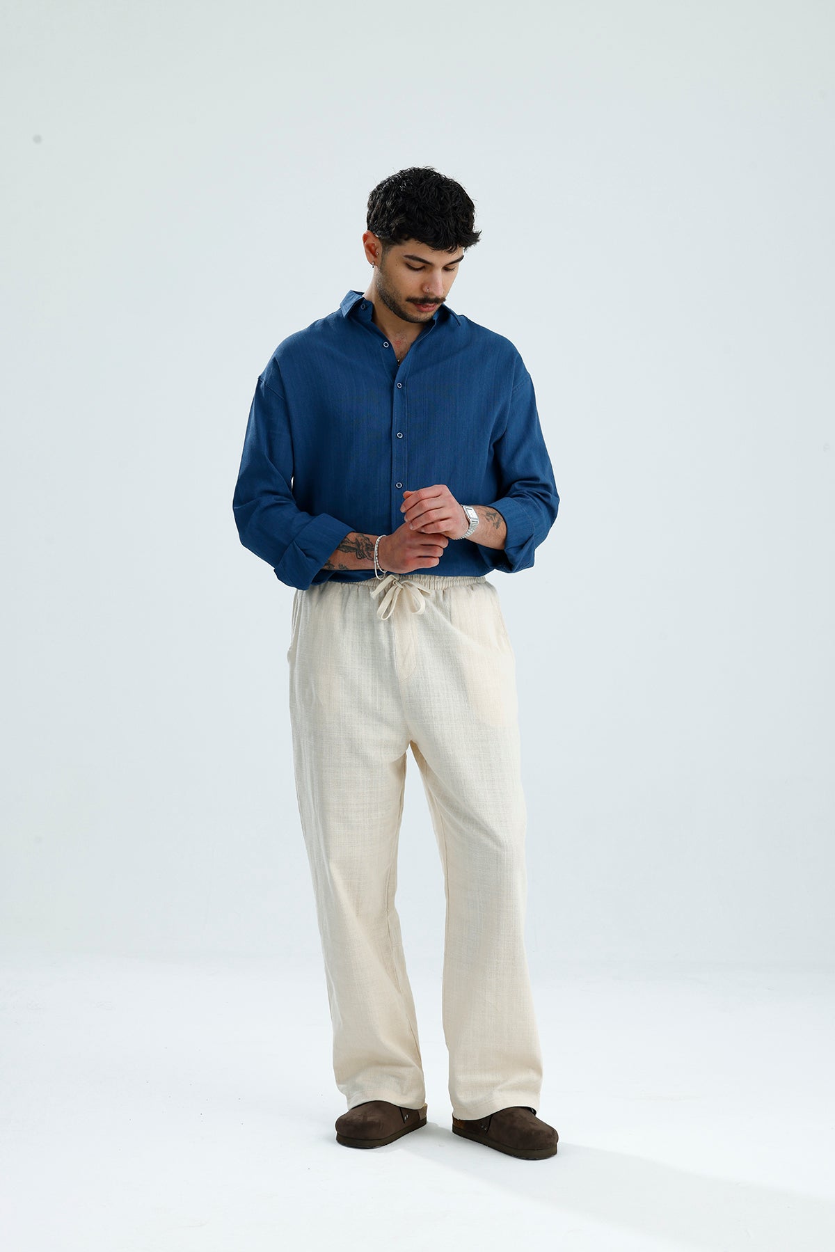 Beli Lastikli Baggy Kalıp Keten Pantolon