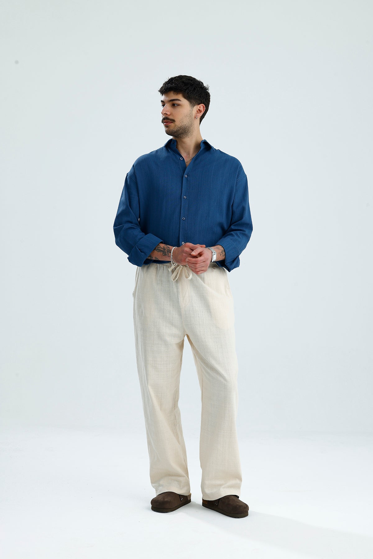 Beli Lastikli Baggy Kalıp Keten Pantolon