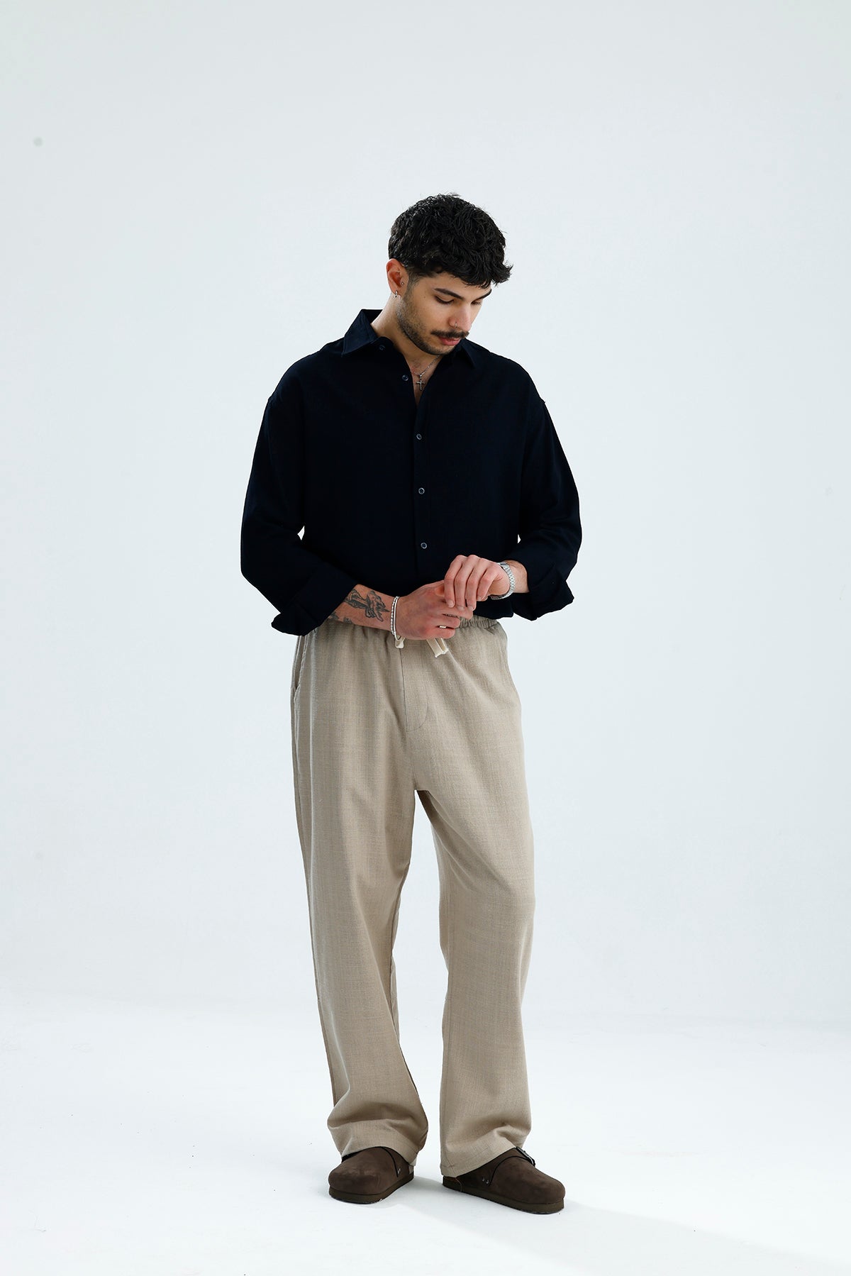 Beli Lastikli Baggy Kalıp Keten Pantolon