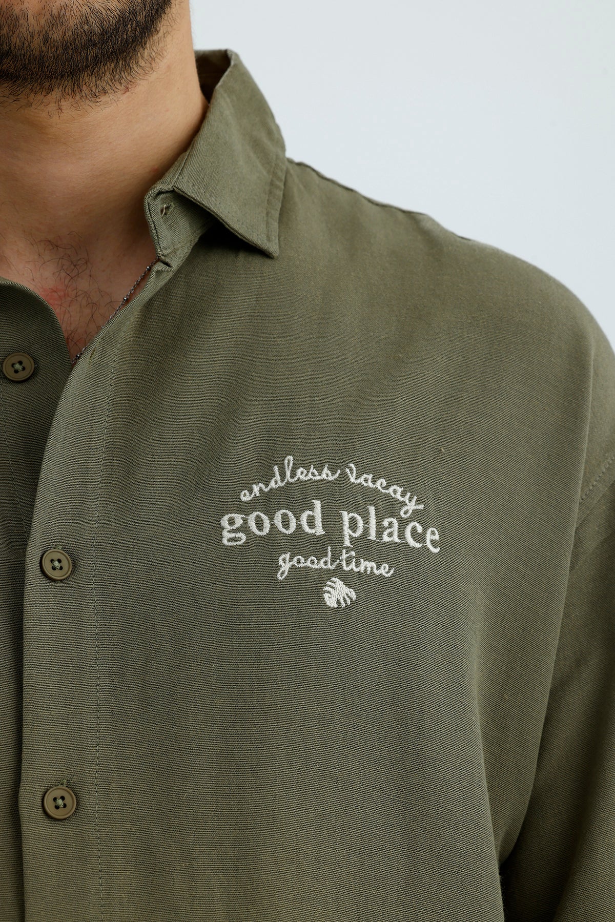 "Good Place" Nakış Detay Premium Oversize Keten Gömlek