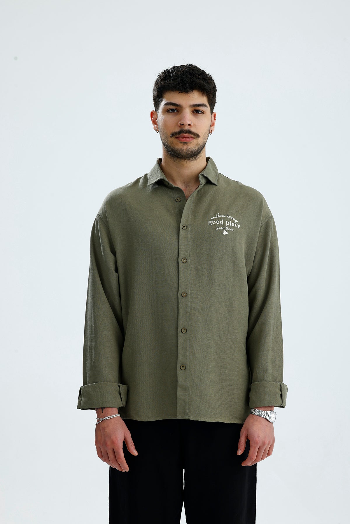 "Good Place" Nakış Detay Premium Oversize Keten Gömlek