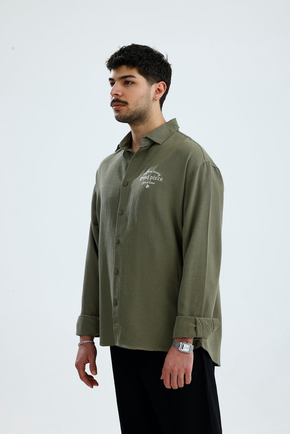 "Good Place" Nakış Detay Premium Oversize Keten Gömlek