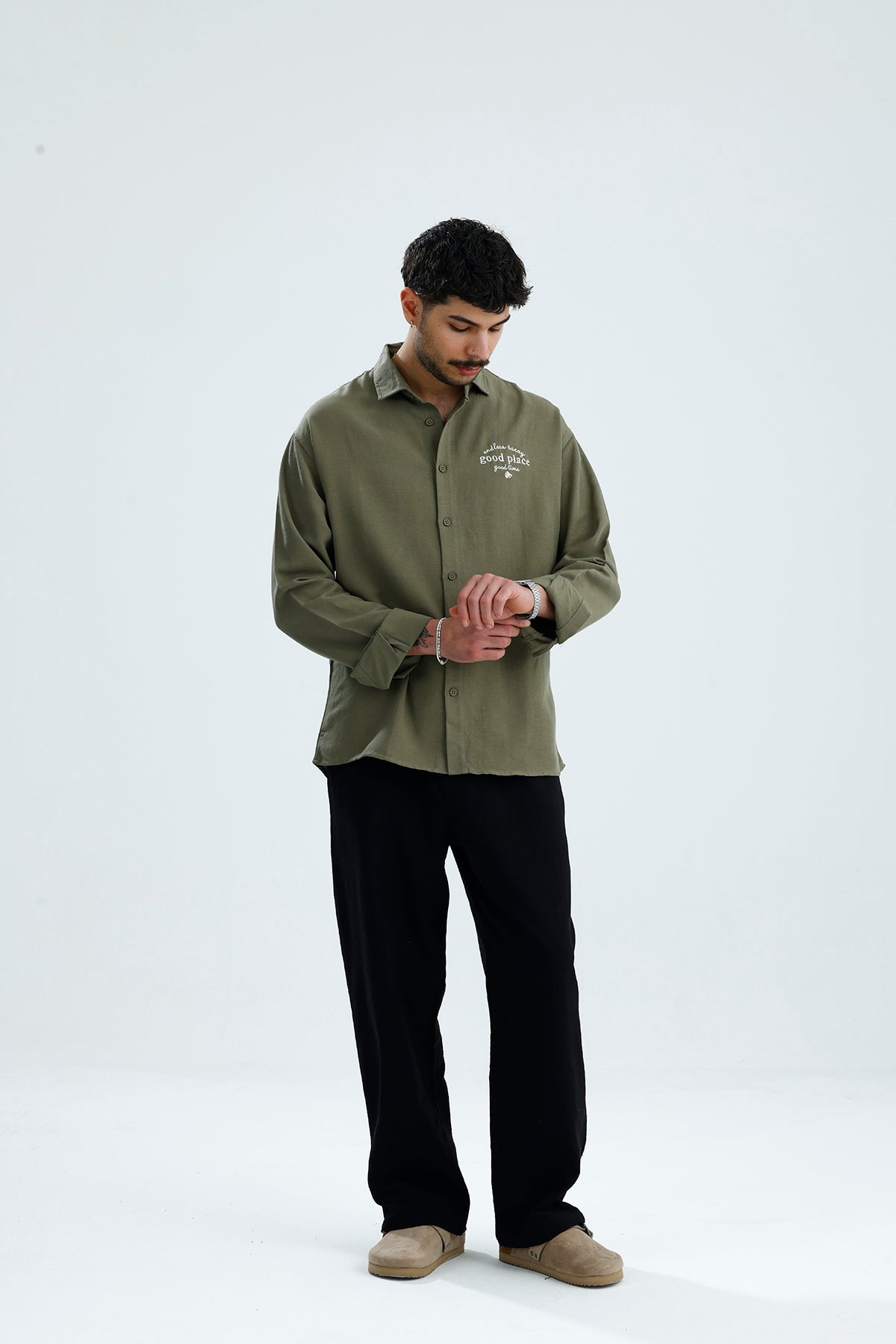 "Good Place" Nakış Detay Premium Oversize Keten Gömlek