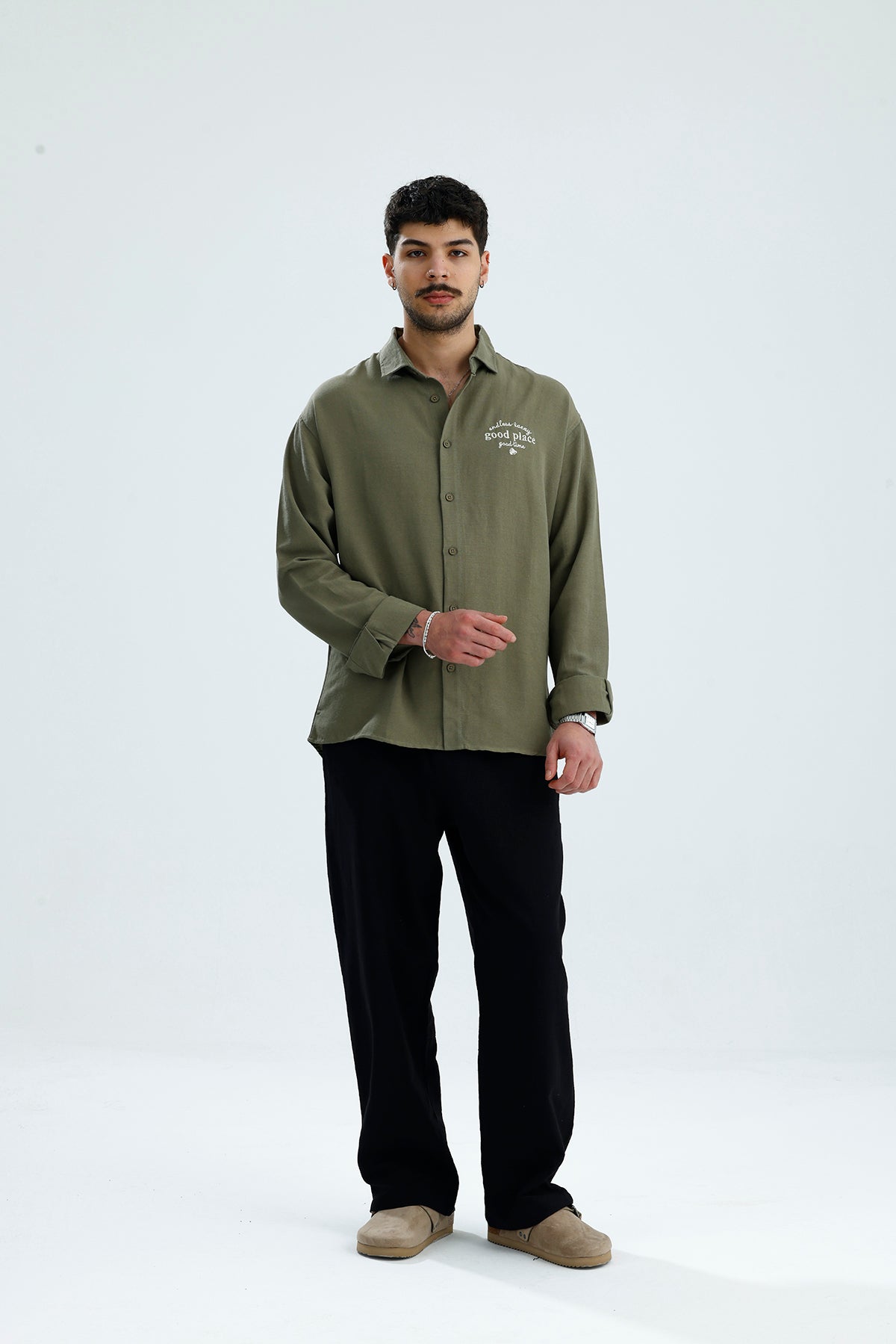 "Good Place" Nakış Detay Premium Oversize Keten Gömlek