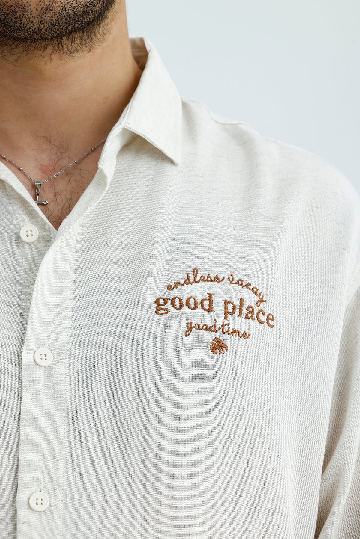 "Good Place" Nakış Detay Premium Oversize Keten Gömlek