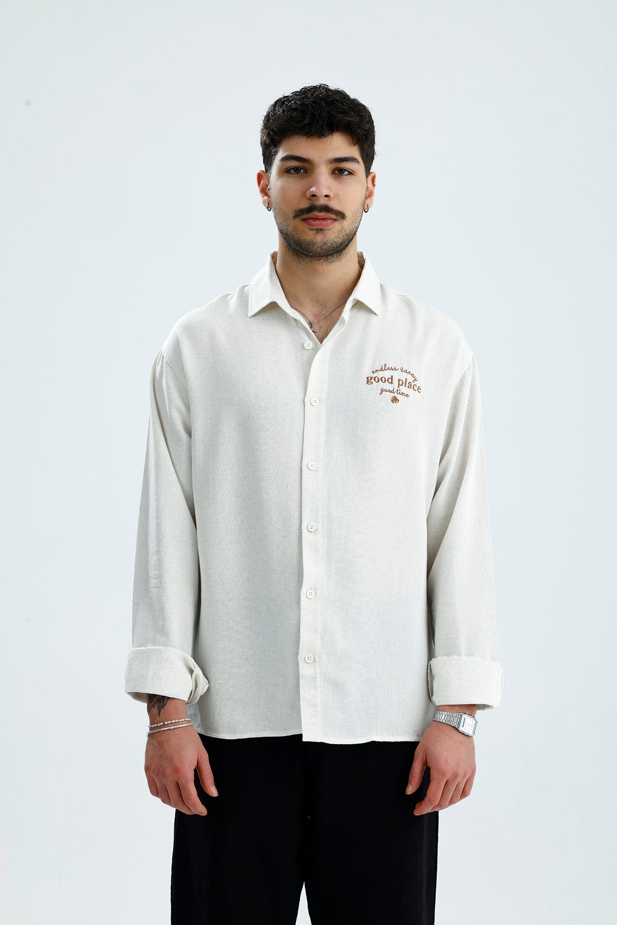 "Good Place" Nakış Detay Premium Oversize Keten Gömlek
