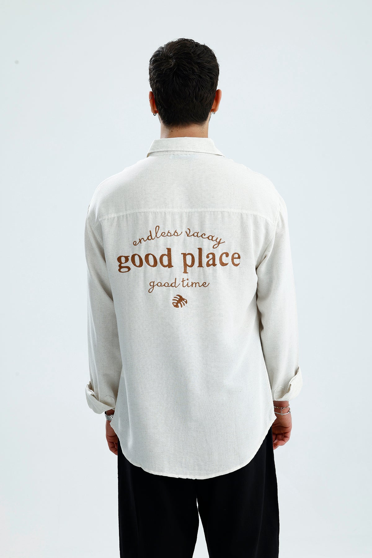 "Good Place" Nakış Detay Premium Oversize Keten Gömlek