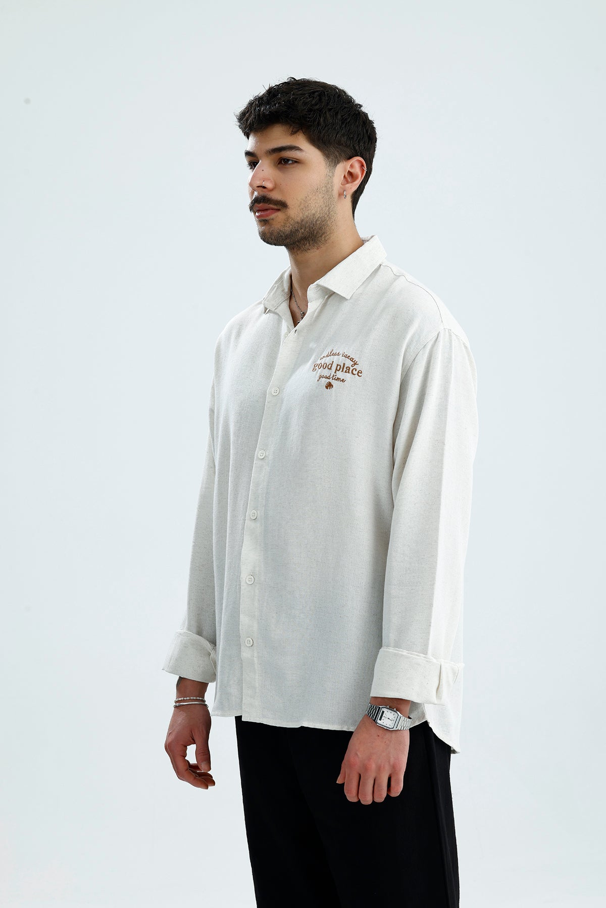 "Good Place" Nakış Detay Premium Oversize Keten Gömlek