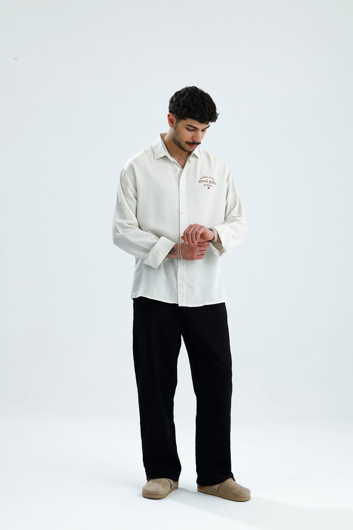 "Good Place" Nakış Detay Premium Oversize Keten Gömlek