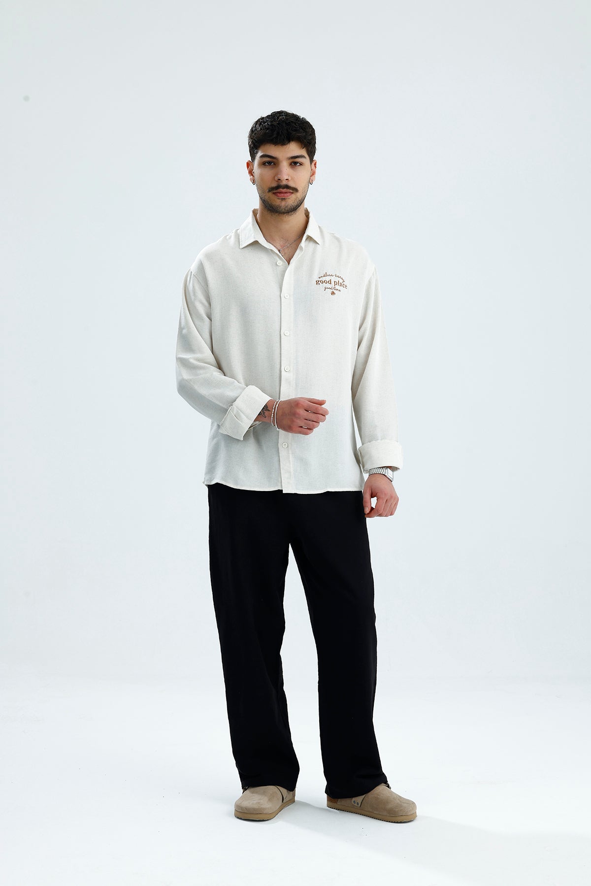 "Good Place" Nakış Detay Premium Oversize Keten Gömlek