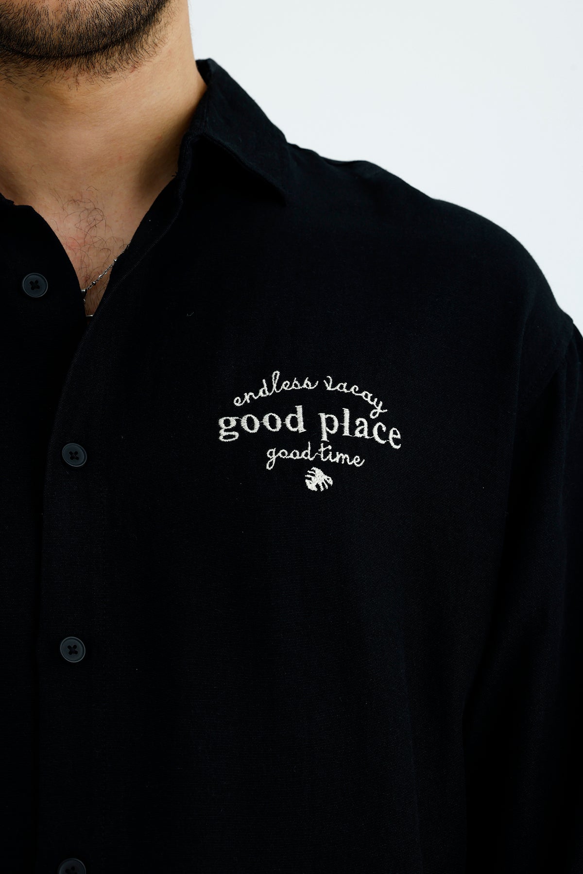 "Good Place" Nakış Detay Premium Oversize Keten Gömlek