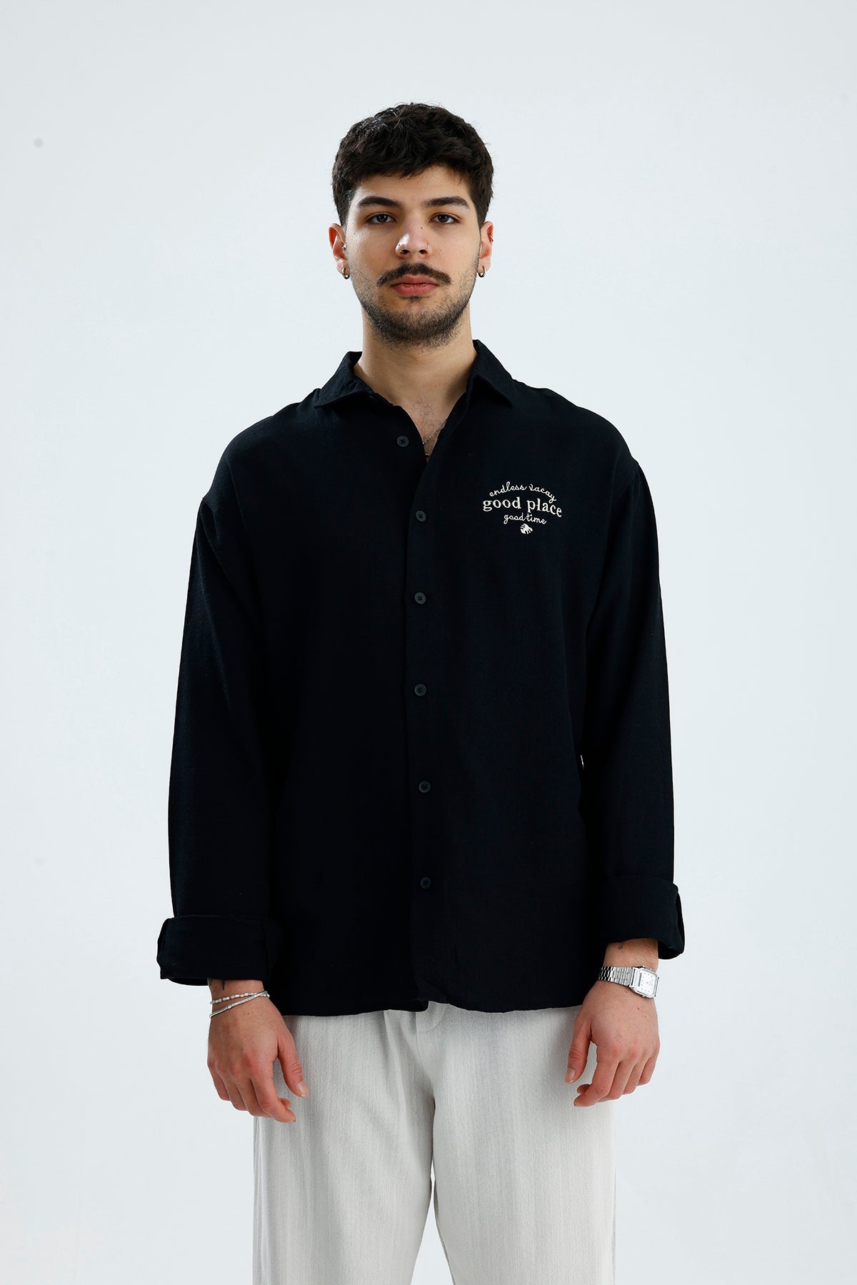 "Good Place" Nakış Detay Premium Oversize Keten Gömlek