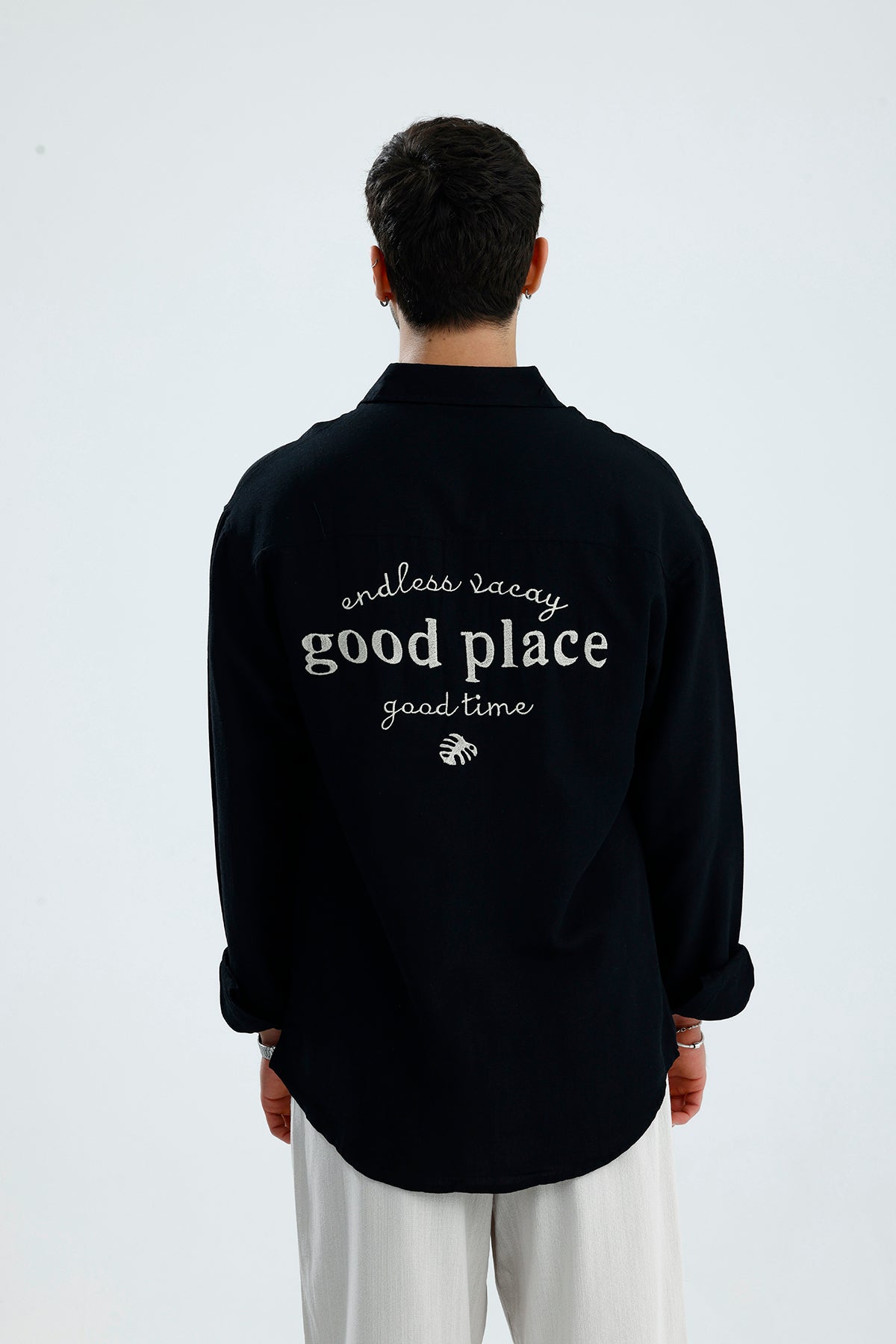 "Good Place" Nakış Detay Premium Oversize Keten Gömlek