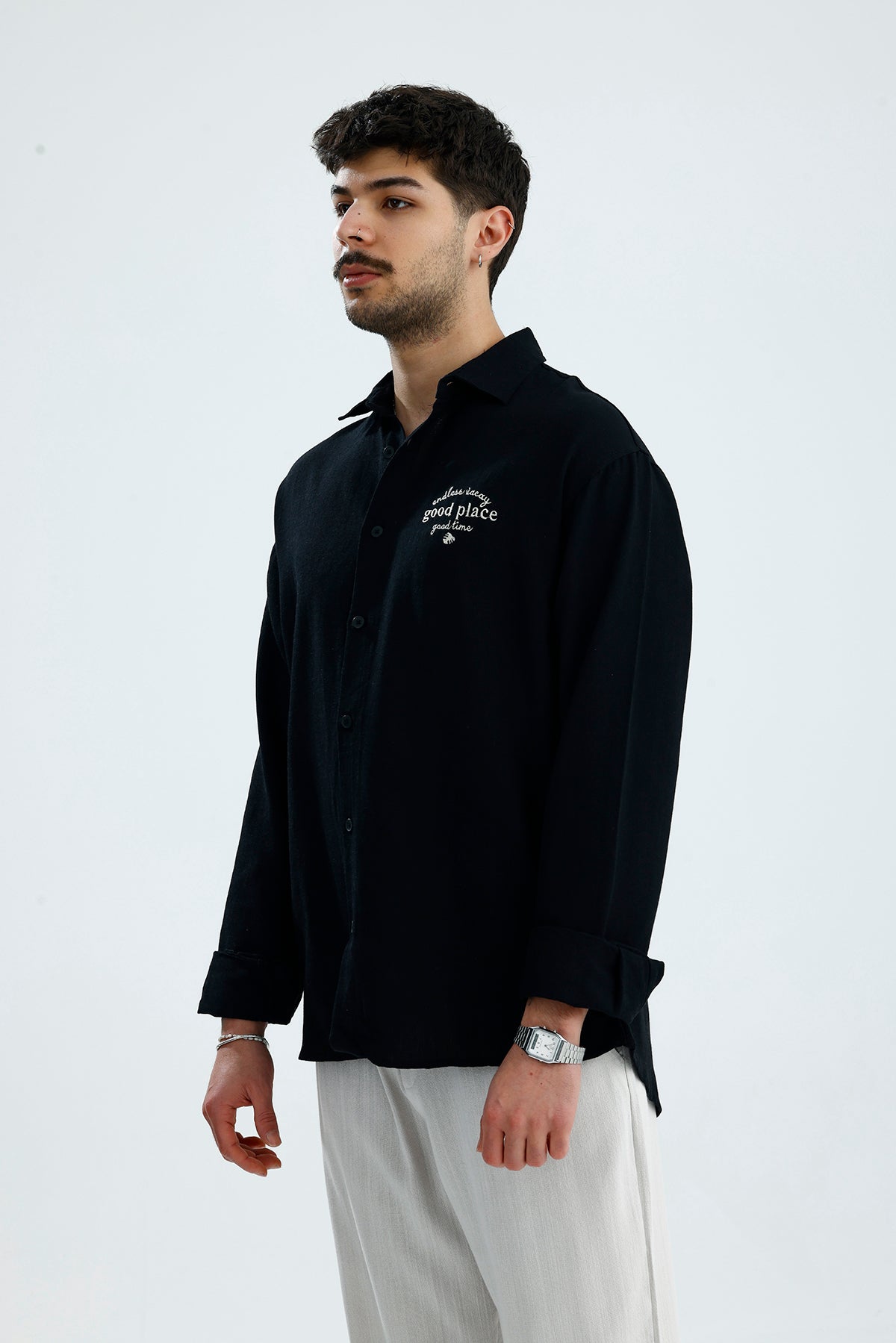 "Good Place" Nakış Detay Premium Oversize Keten Gömlek