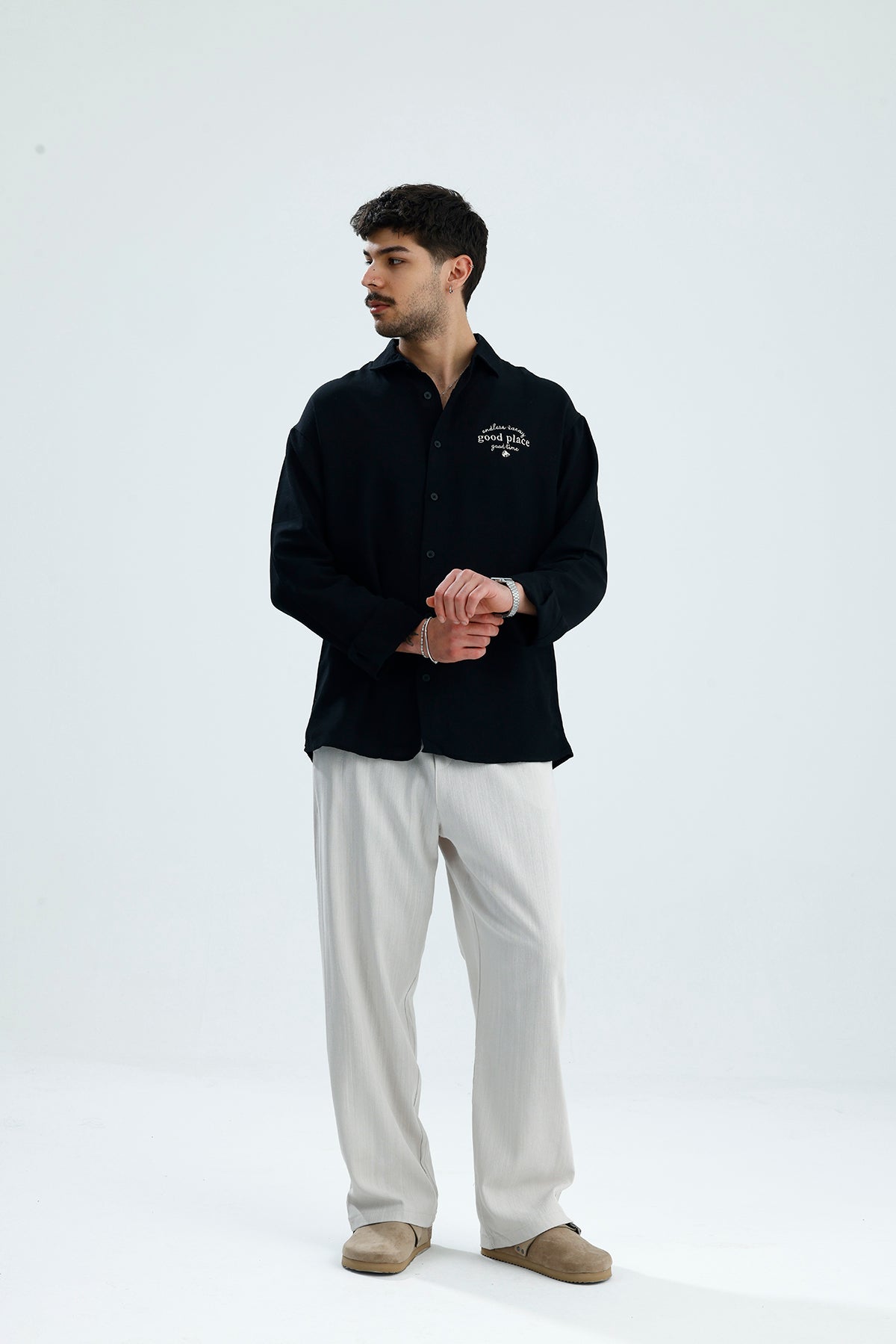 "Good Place" Nakış Detay Premium Oversize Keten Gömlek