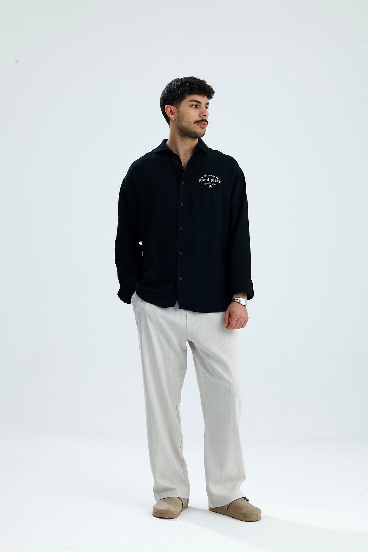 "Good Place" Nakış Detay Premium Oversize Keten Gömlek
