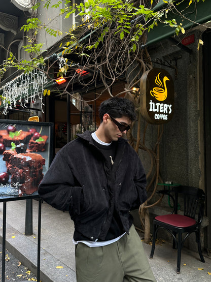 Siyah Kadife Oversize Bomber Ceket
