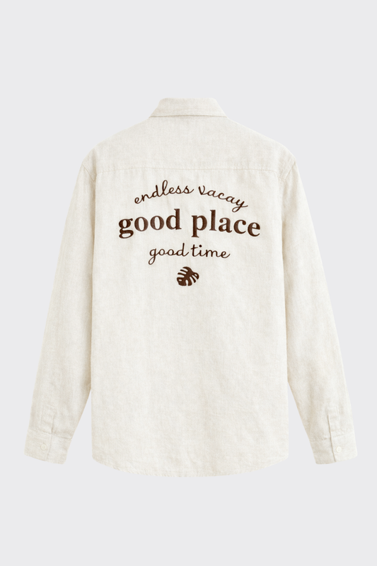 "Good Place" Nakış Detay Premium Oversize Keten Gömlek