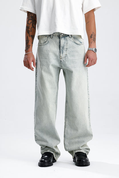 Soldurma Detay Açık Mavi Baggy Kot Pantolon