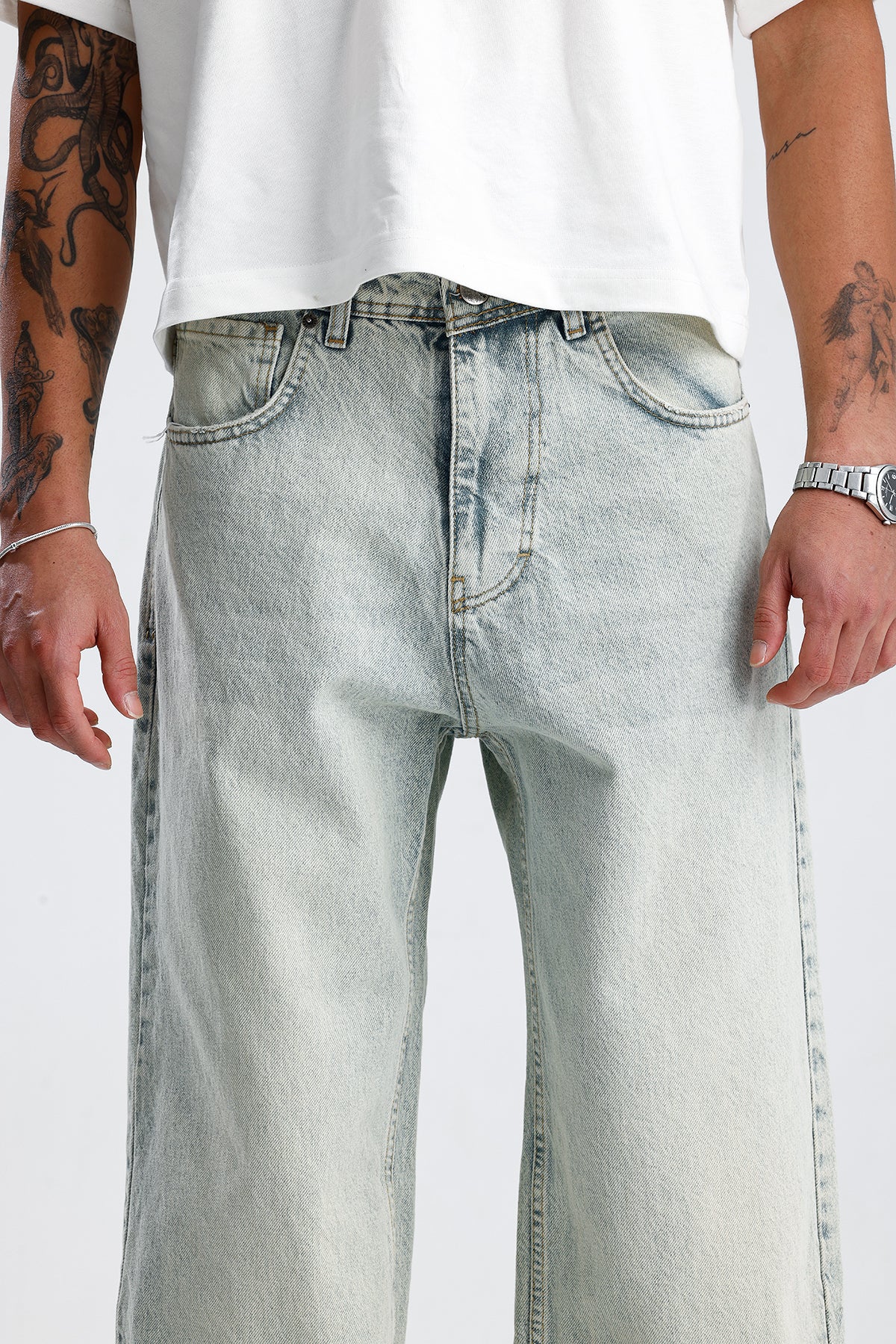 Soldurma Detay Açık Mavi Baggy Kot Pantolon