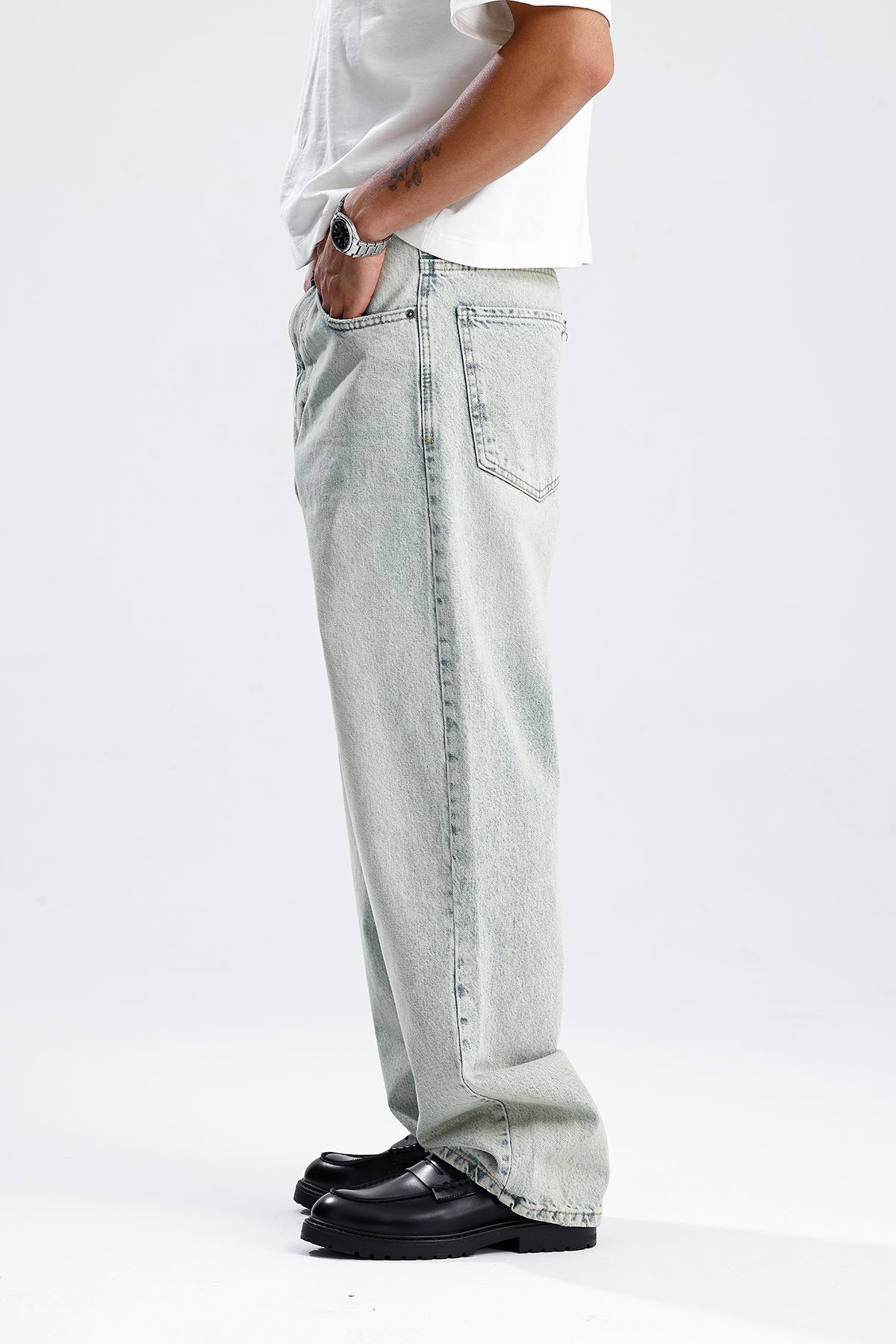 Soldurma Detay Açık Mavi Baggy Kot Pantolon