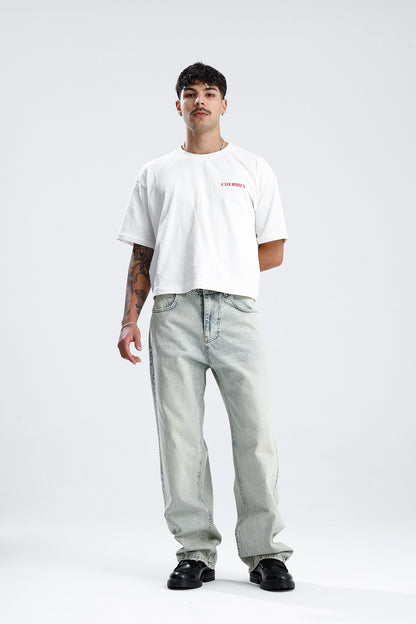 Soldurma Detay Açık Mavi Baggy Kot Pantolon