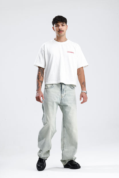 Soldurma Detay Açık Mavi Baggy Kot Pantolon