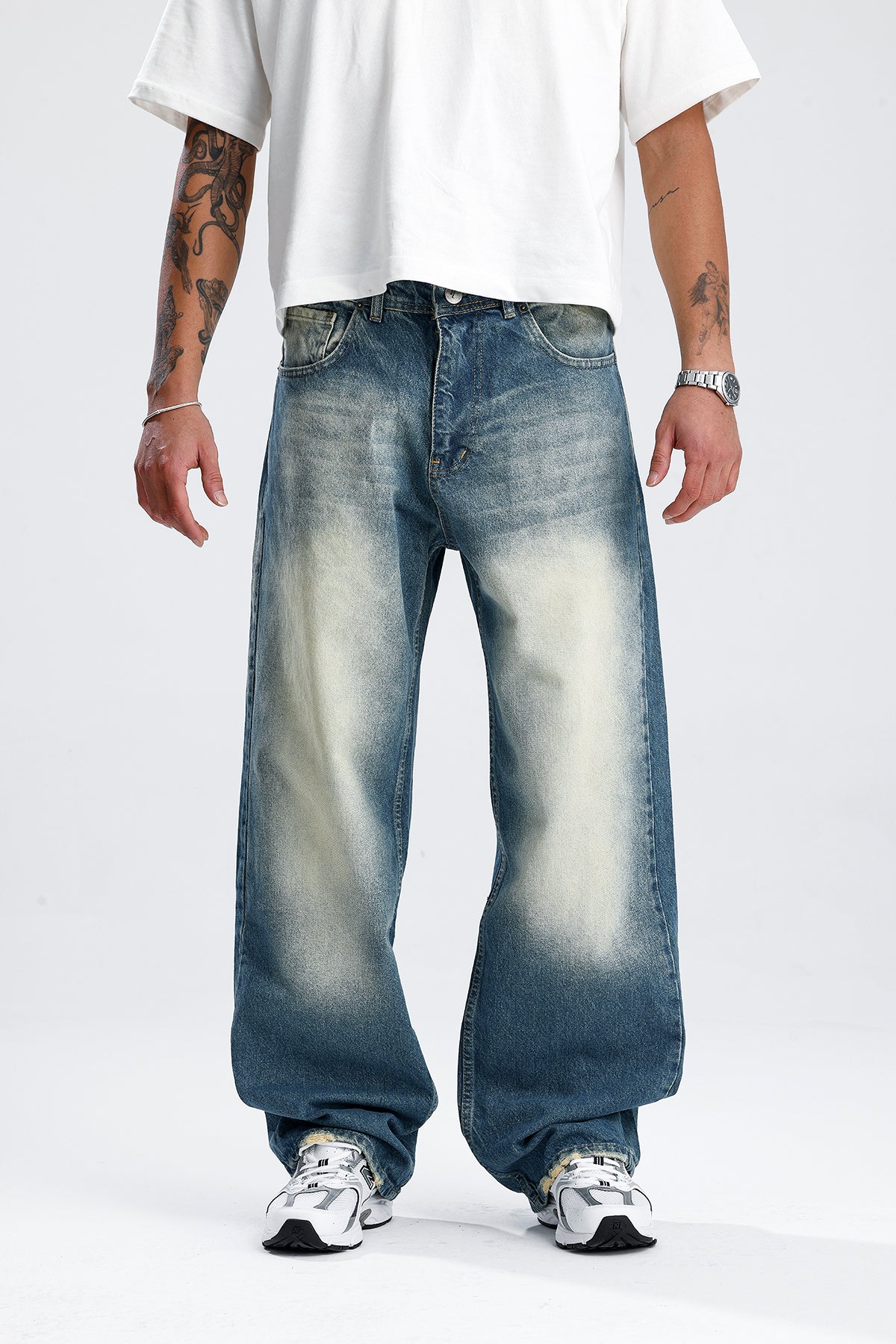 Beyaz Yıkama Mavi Baggy Kot Pantolon