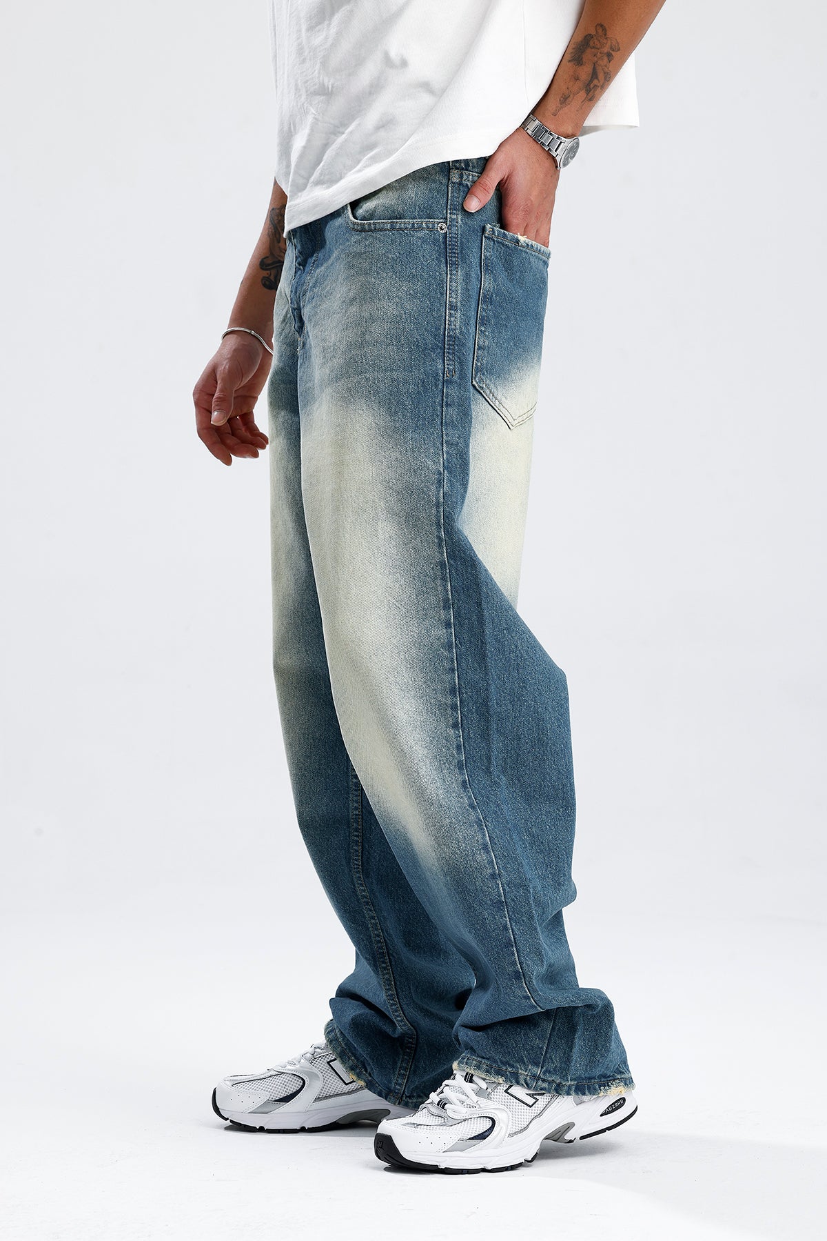 Beyaz Yıkama Mavi Baggy Kot Pantolon