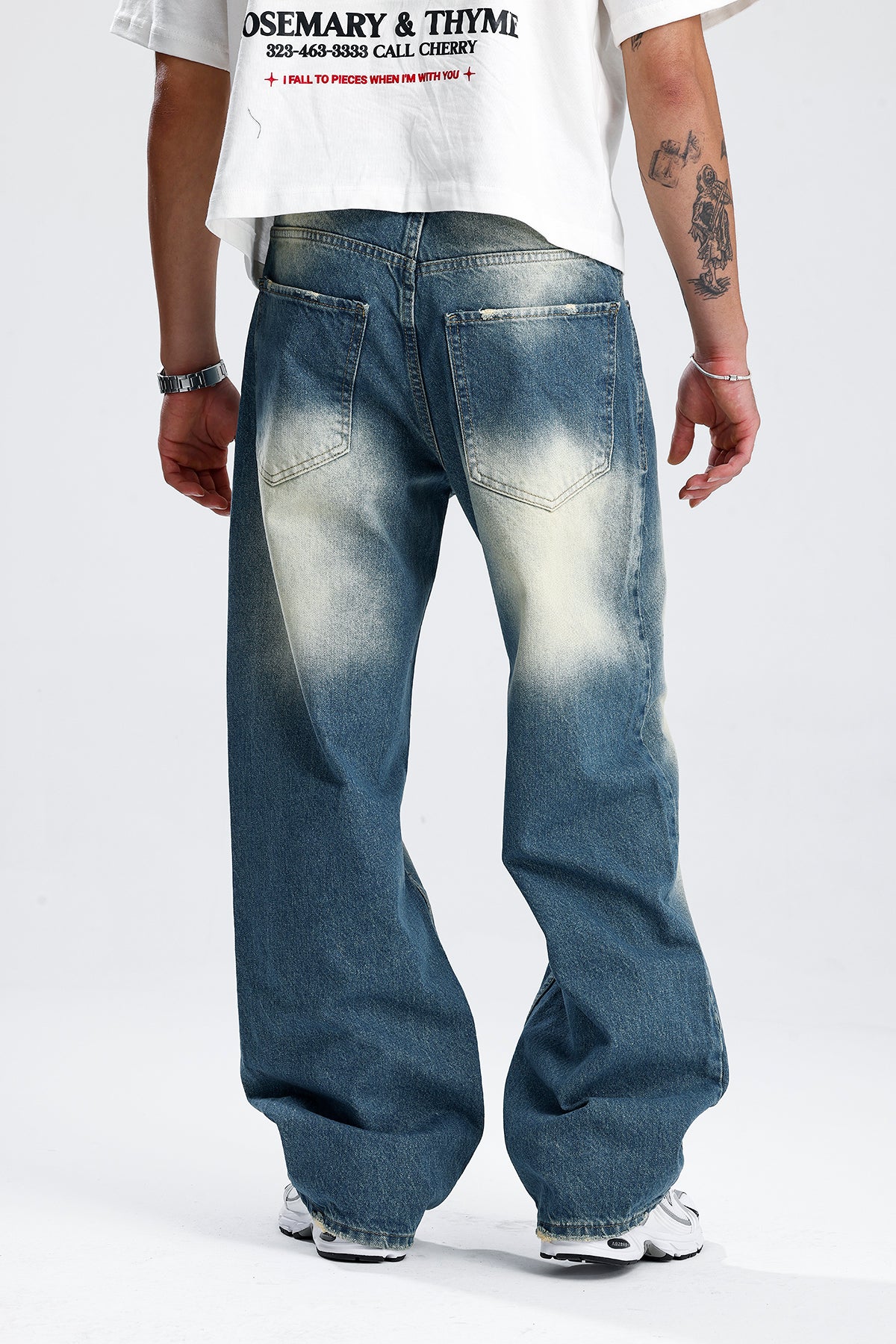 Beyaz Yıkama Mavi Baggy Kot Pantolon