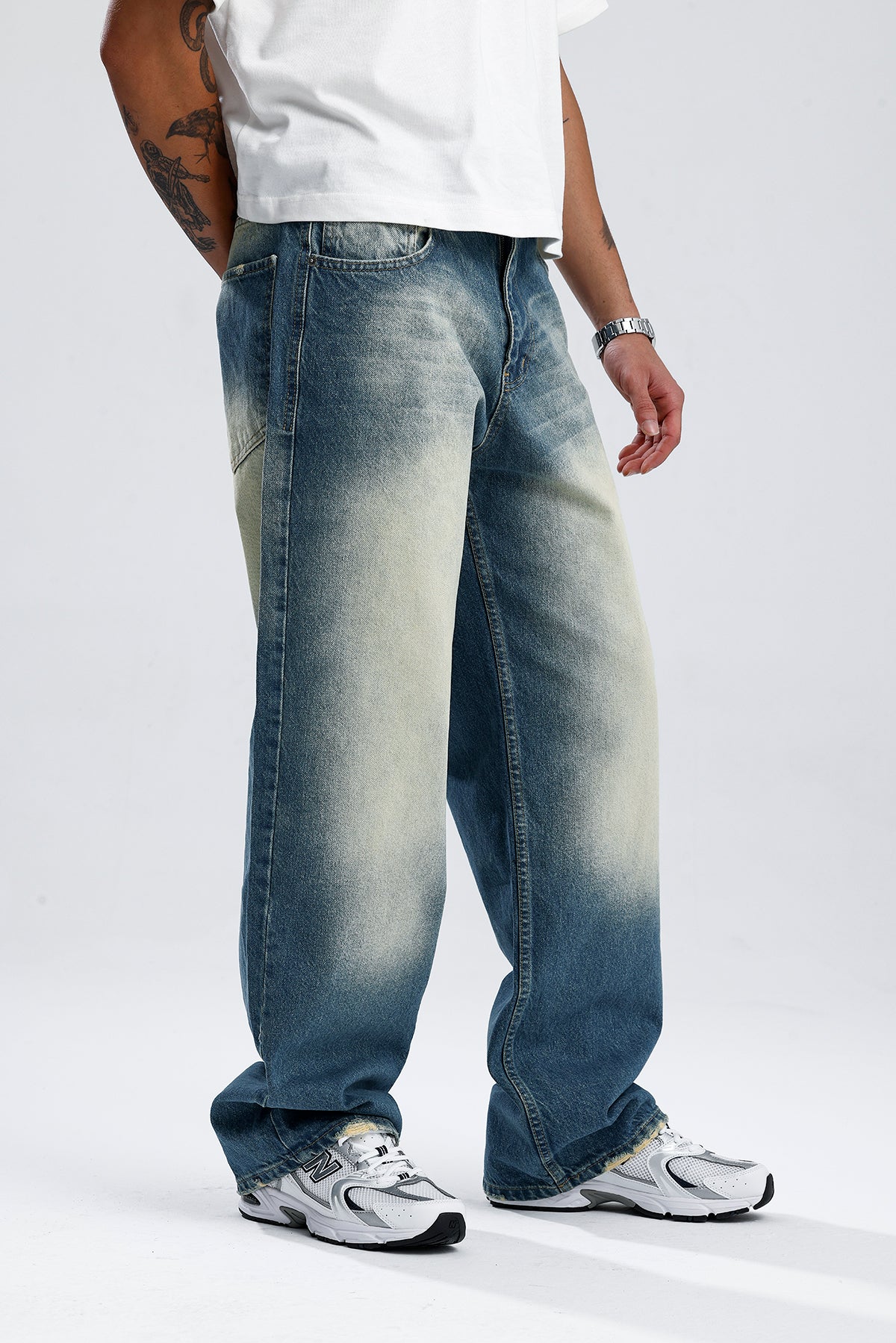 Beyaz Yıkama Mavi Baggy Kot Pantolon