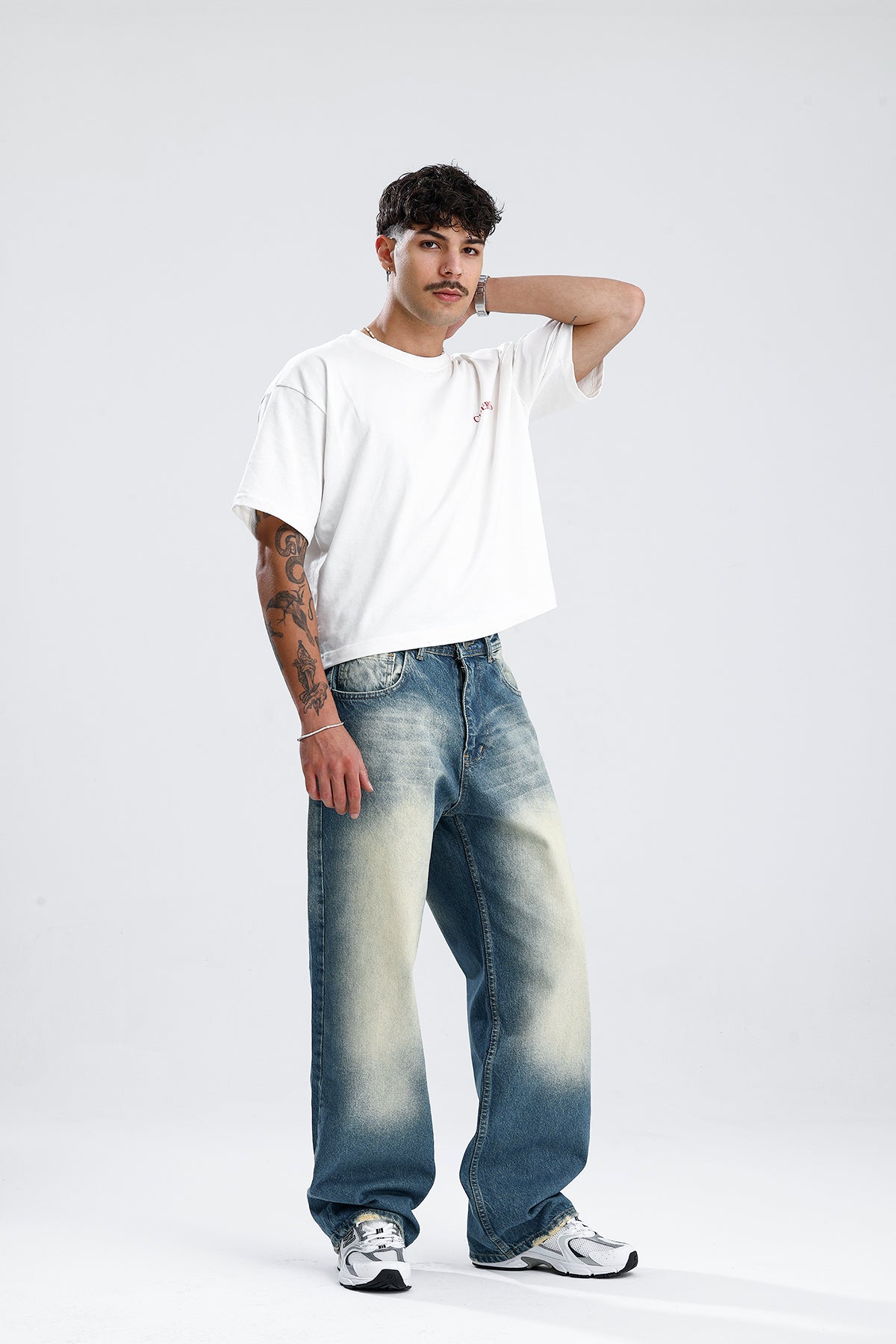 Beyaz Yıkama Mavi Baggy Kot Pantolon