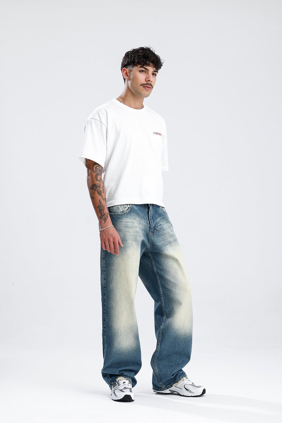 Beyaz Yıkama Mavi Baggy Kot Pantolon