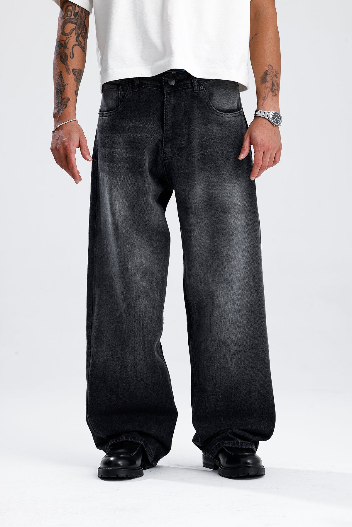 ATE Premium Yıkamalı Siyah Baggy Kot Pantolon