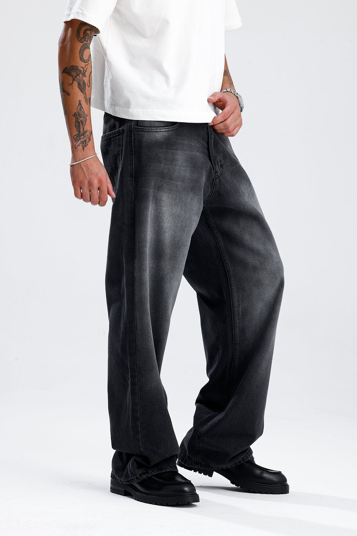 ATE Premium Yıkamalı Siyah Baggy Kot Pantolon