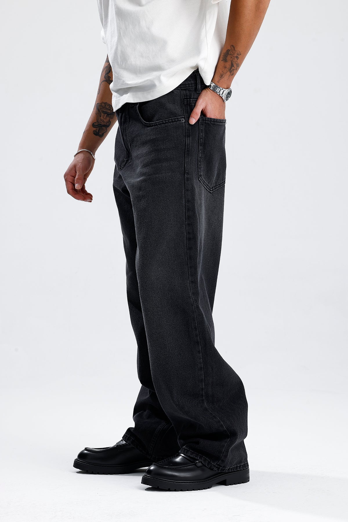 ATE Çizgi Detay Siyah Baggy Kot Pantolon