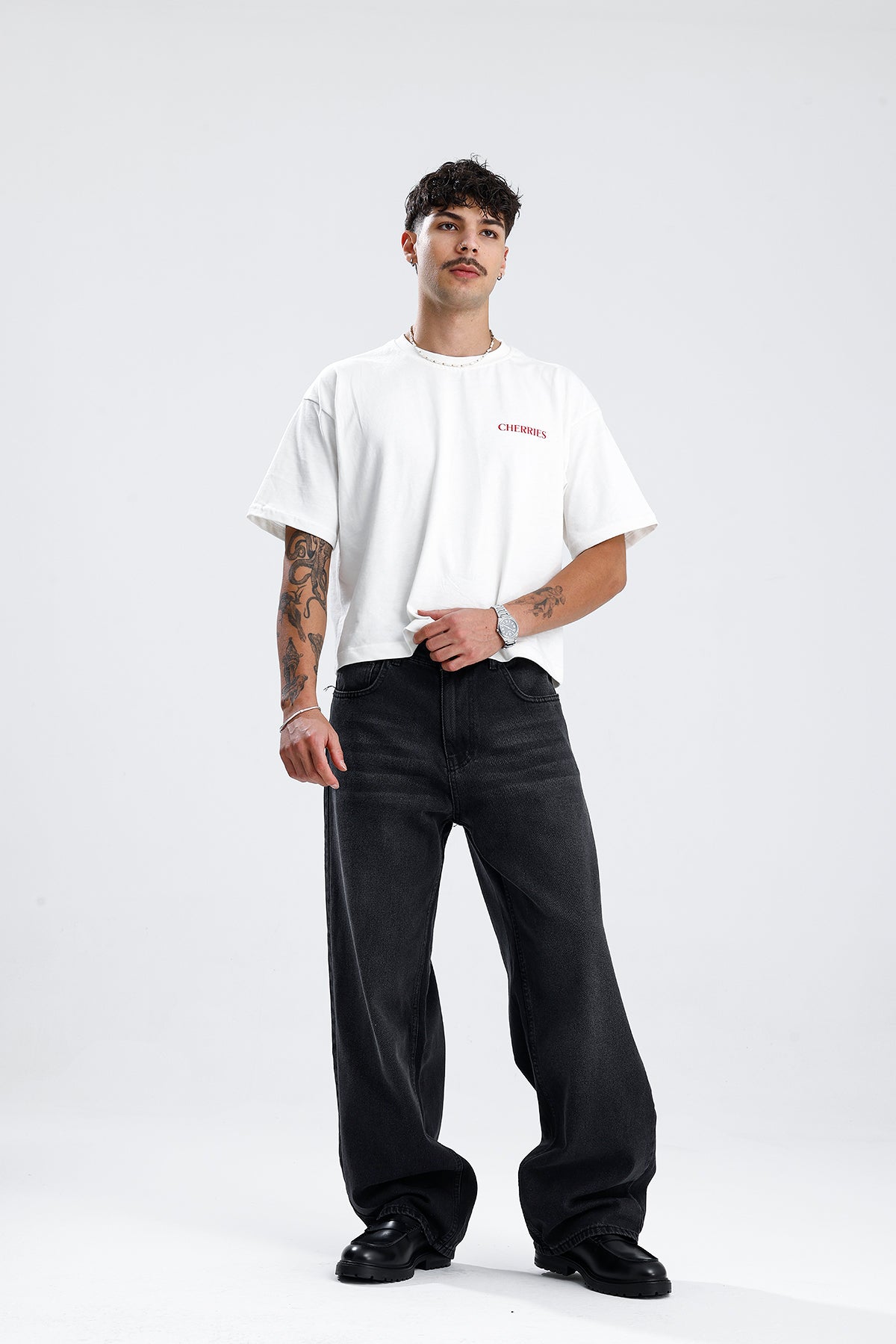 ATE Çizgi Detay Siyah Baggy Kot Pantolon