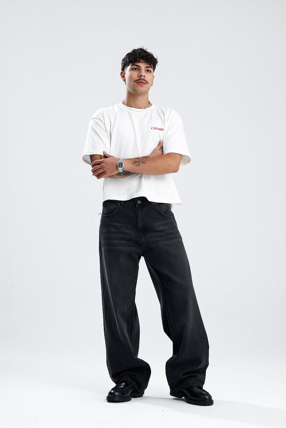 ATE Çizgi Detay Siyah Baggy Kot Pantolon