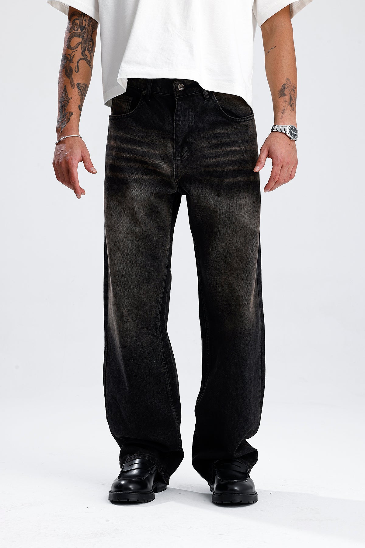 ATE Kahve Çizgili Premium Siyah Baggy Kot Pantolon