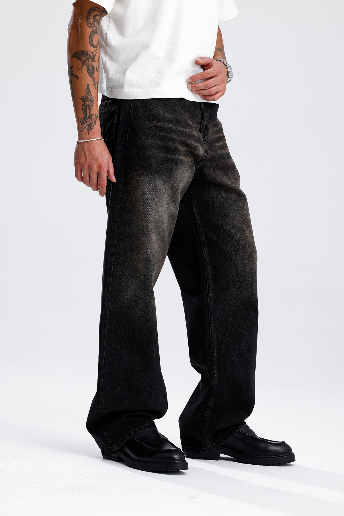 ATE Kahve Çizgili Premium Siyah Baggy Kot Pantolon