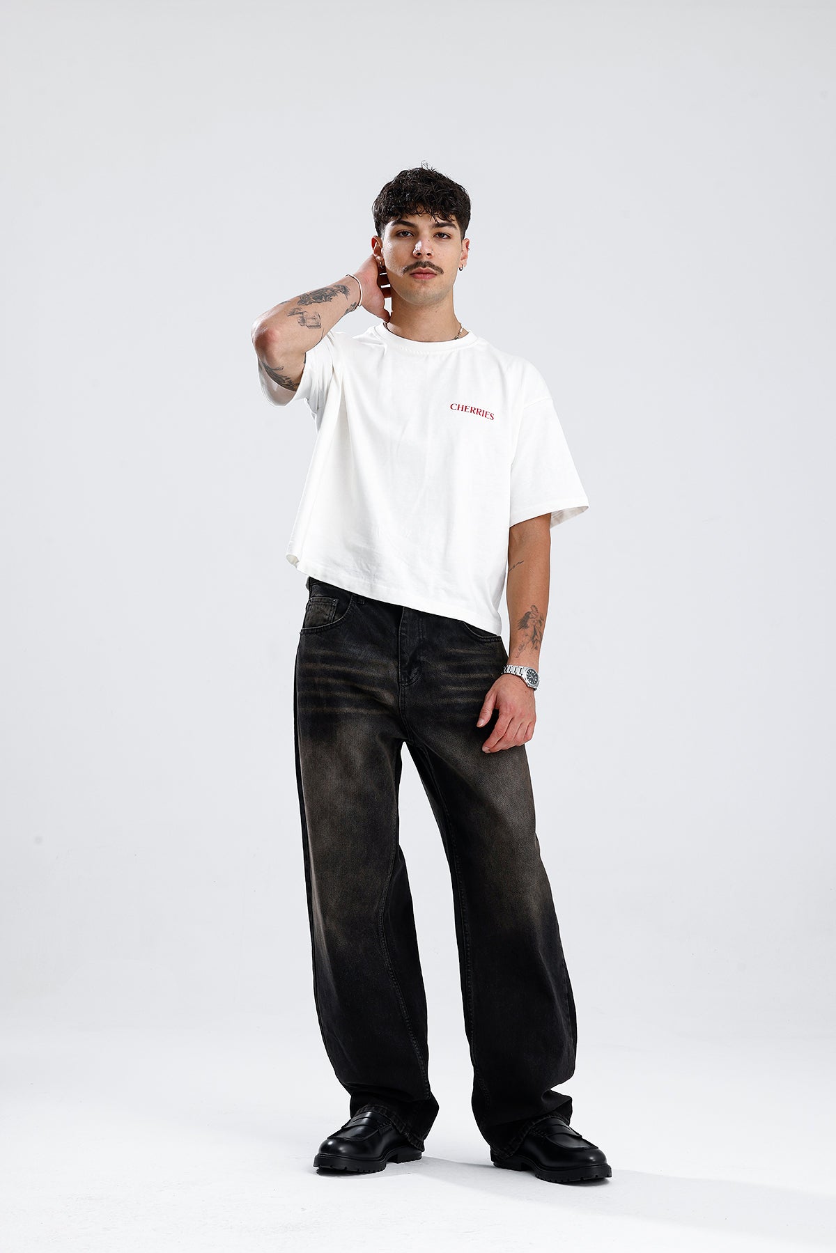 ATE Kahve Çizgili Premium Siyah Baggy Kot Pantolon