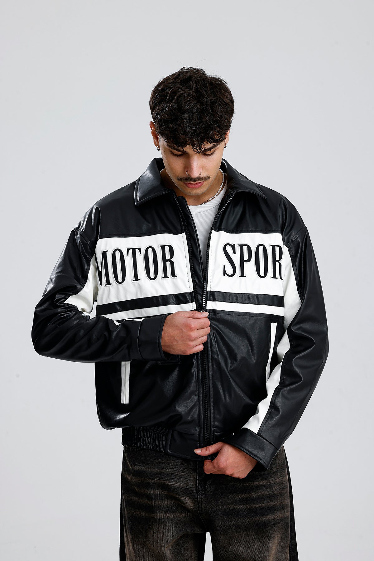 MOTOR SPORT Detay Oversize Siyah Deri Ceket